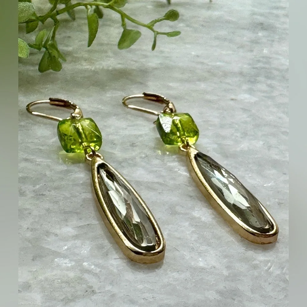 New Green Faceted Crystal Teardrop & Gold Tone Dangle Earrings - 2.50”